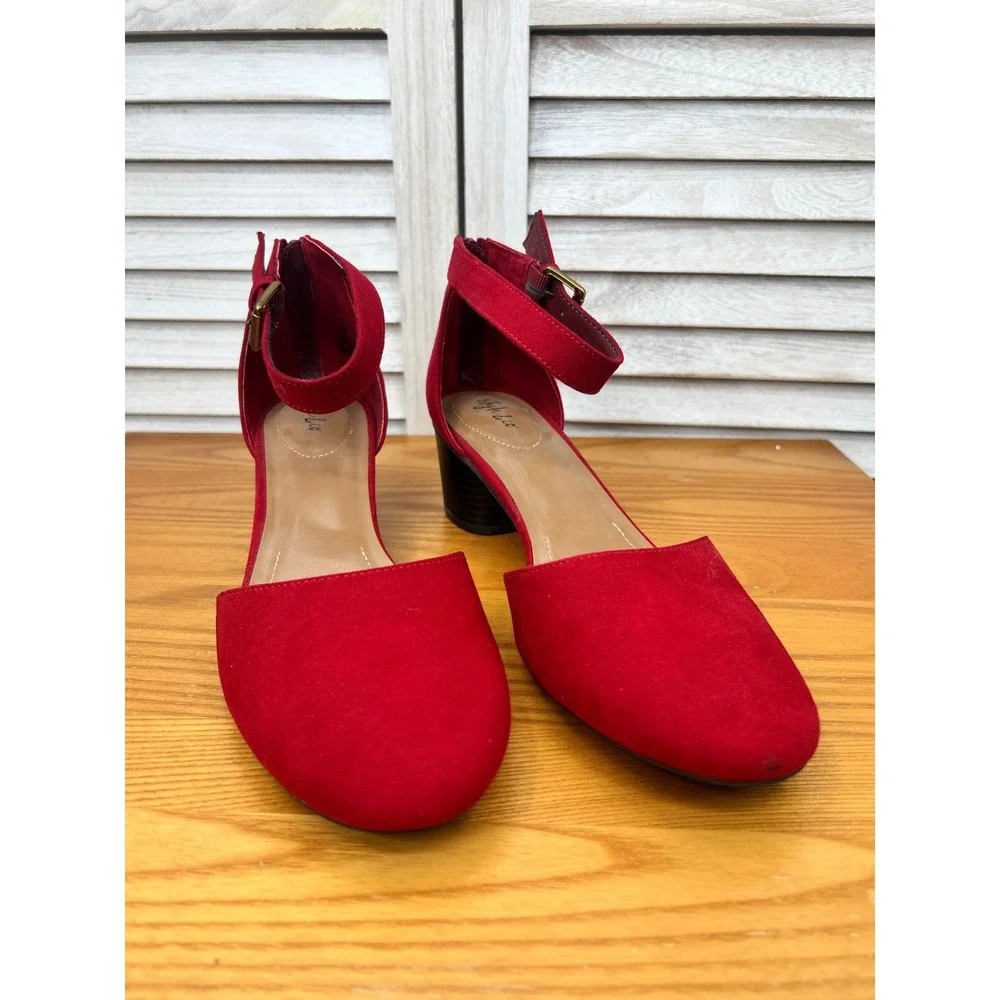 Style & Co Ankle Strap Heels 10 Red Women Faux Suede Block Heel